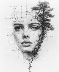 Technical Portrait with DNA Helix Against Mathematical Grid