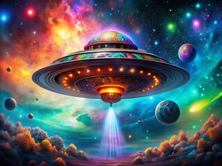 Macro Photography of a 3D UFO Model Surrounded by Cosmic Elements for Sci-Fi Enthusiasts