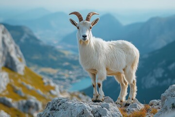 Fototapeta premium A majestic white goat stands on rocky terrain with mountains in the background.