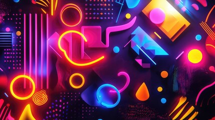 An abstract composition of colorful neon shapes and patterns, creating a lively and energetic atmosphere against a dark background