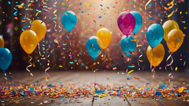 Fondo de fiesta de cumplea&ntilde;os con confeti y globos con espacio para copiar
