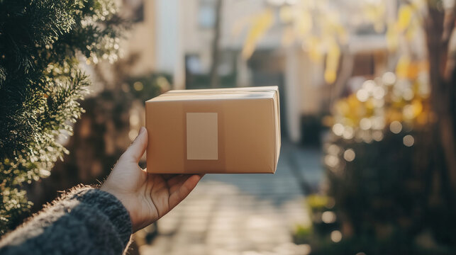 person holding a small package outdoors, ready for delivery or receiving, with a sunlit background creating a warm and inviting atmosphere.