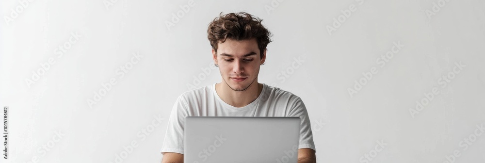 Aufkleber A young man focuses on his laptop while working remotely in a clean, bright setting that emphasizes productivity and creativity. Generative AI