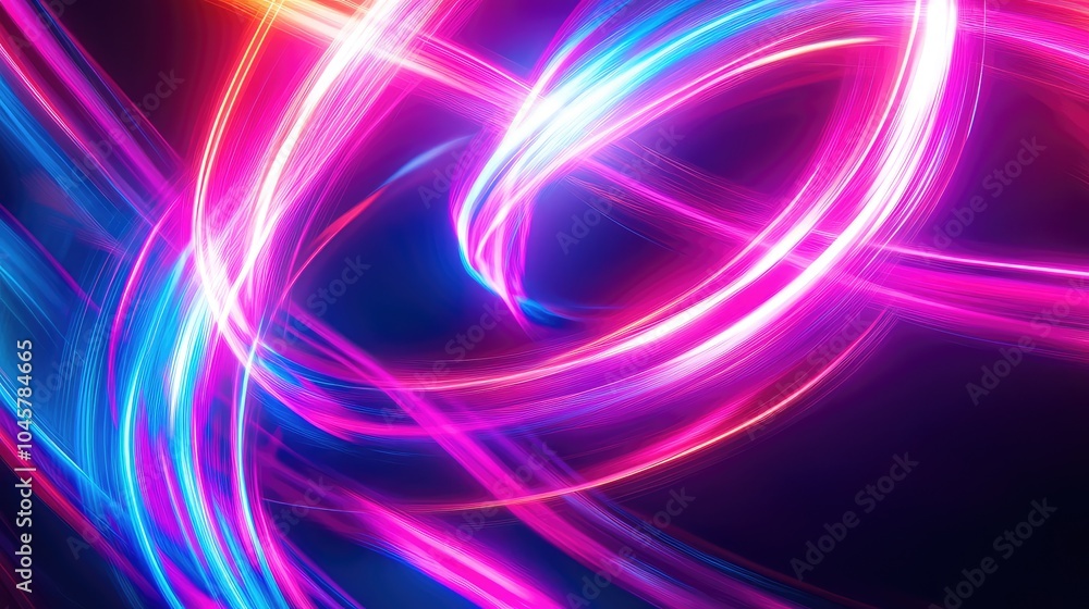 Poster an abstract scene of swirling neon lines forming geometric shapes, creating a sense of movement and 