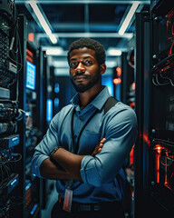 Compute engineering black man in server room data center