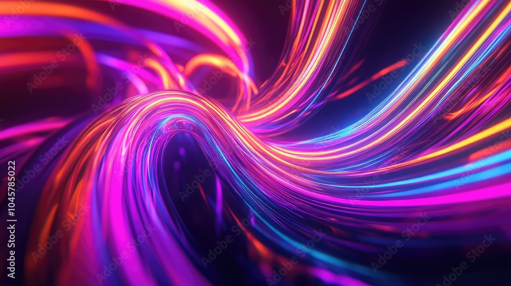 Poster an abstract scene of swirling neon lines forming geometric shapes, creating a sense of movement and 