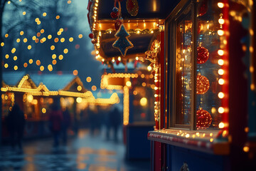 Fototapeta premium A magical evening at a nostalgic holiday market adorned with glowing lights