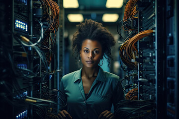 Compute engineering black woman in server room data center