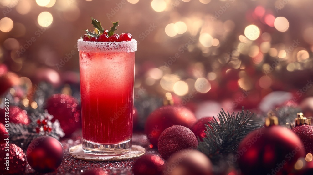Poster a tall glass filled with a red cocktail garnished with holly and cranberries sits on a table surroun