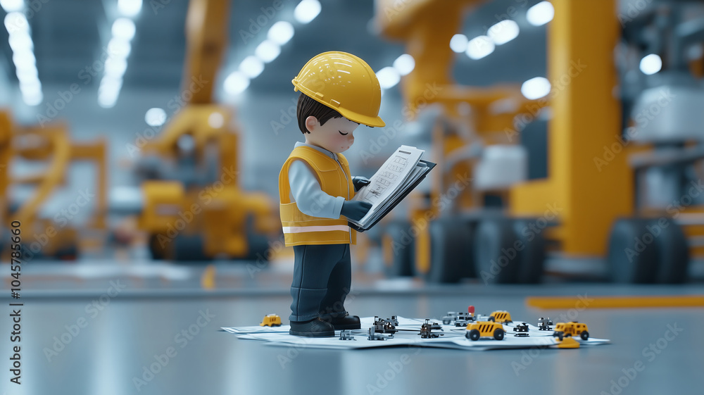 Poster technician reviews safety protocols on the factory floor in a modern facility
