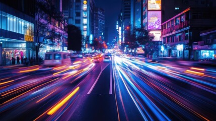 Obraz premium An artistic shot of neon light trails from moving cars on a busy street, capturing the dynamic energy of nightlife