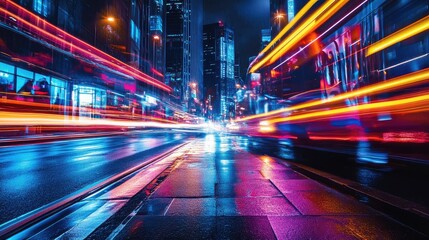 Obraz premium An artistic shot of neon light trails from moving cars on a busy street, capturing the dynamic energy of nightlife
