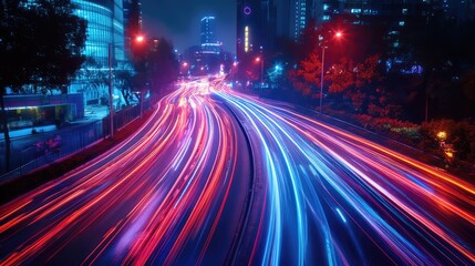 Obraz premium An artistic shot of neon light trails from moving cars on a busy street, capturing the dynamic energy of nightlife
