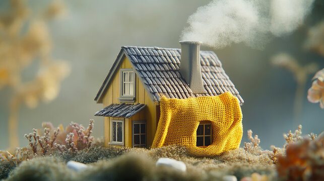 A small, yellow house covered with a yellow cloth, smoke rising from its chimney, on a light gray surface.