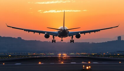 Airplane takes off against a stunning sunset at the airport runway