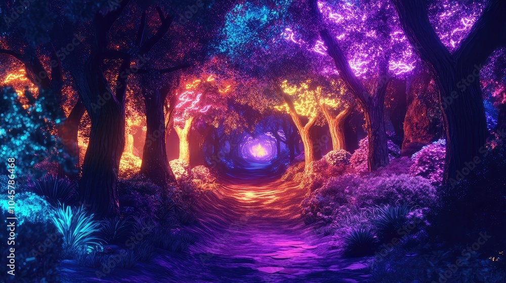 Poster an enchanting forest scene illuminated by neon lights, casting colorful shadows on the trees and cre