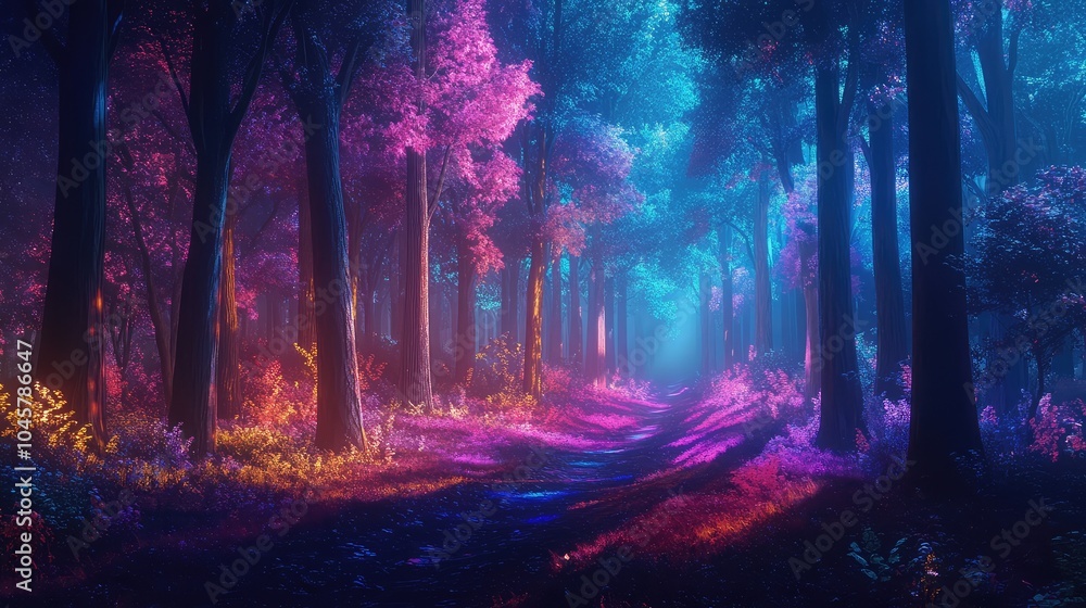 Poster an enchanting forest scene illuminated by neon lights, casting colorful shadows on the trees and cre
