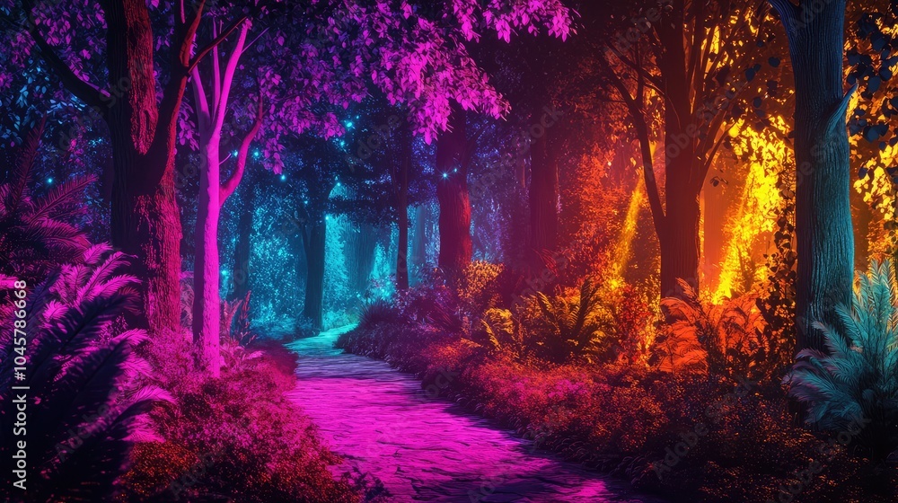 Poster an enchanting forest scene illuminated by neon lights, casting colorful shadows on the trees and cre