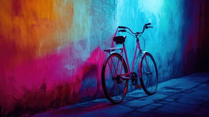 Neon bicycle parked against a colorful wall, illuminated by soft glowing lights, capturing the essence of urban exploration
