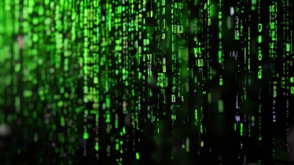 A digital representation of cascading green binary code on a dark background.