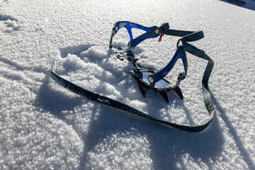 Isolated view of snow climbing crampons, safety equipment for snow climbing