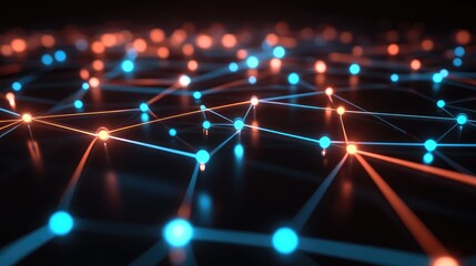 Neon circles connected by glowing lines in a geometric network, showcasing a futuristic digital design against a black background