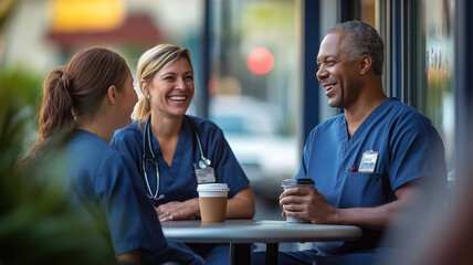 Healthcare professionals share a joyful moment at a cafe in the city