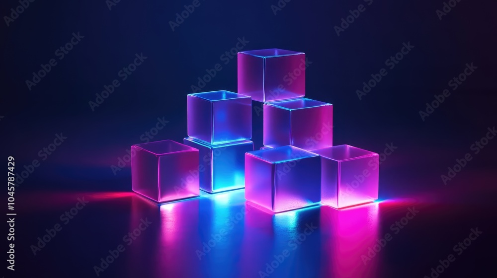 Poster neon cubes stacked in a geometric arrangement, casting colorful shadows and reflections in a dark, m