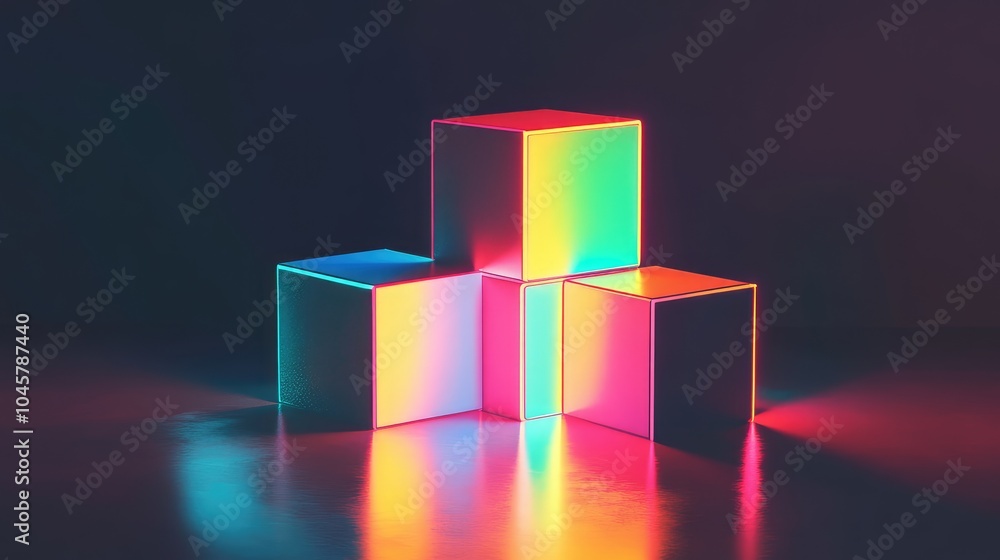 Poster neon cubes stacked in a geometric arrangement, casting colorful shadows and reflections in a dark, m