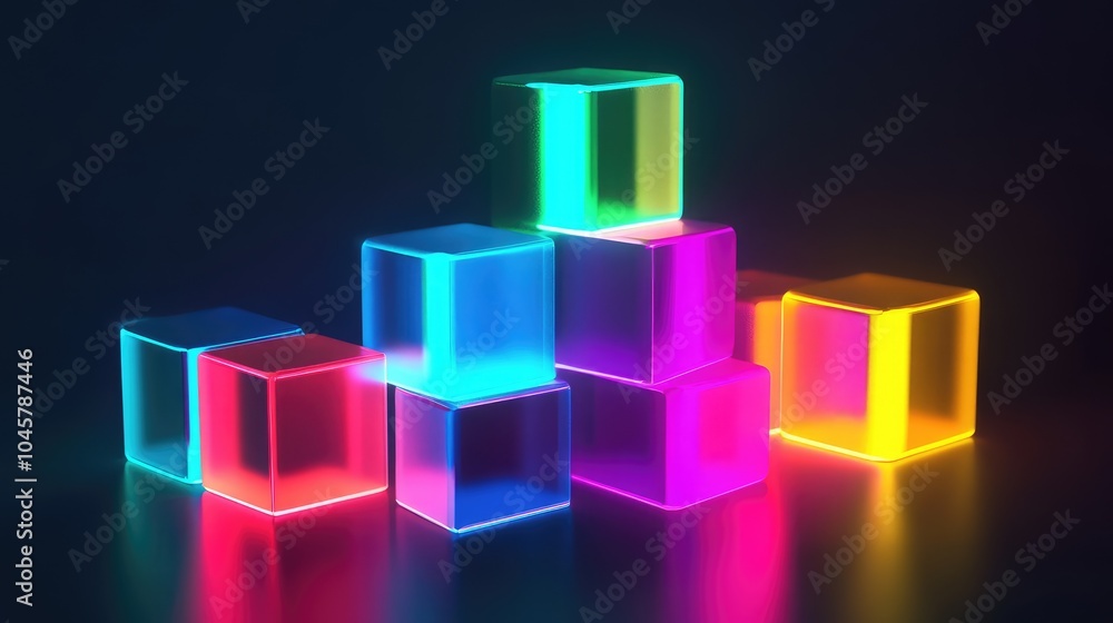Poster neon cubes stacked in a geometric arrangement, casting colorful shadows and reflections in a dark, m