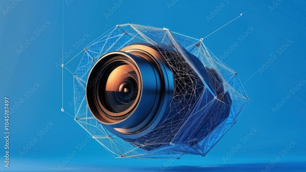 Poster a digital representation of a camera lens surrounded by a geometric network.