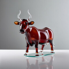 Stylized Glossy Red Glass Cow Sculpture with White Horns, Seated Pose, Polished Finish Against Light Gray Background, Generative AI
