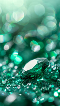Close-up of sparkling green emerald gemstones on a glittering surface, with a bokeh effect in the background, emphasizing luxury and elegance.