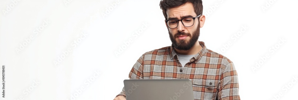 Leinwandbilder a young man with a beard and glasses is working on his laptop, concentrating on various tasks in a m