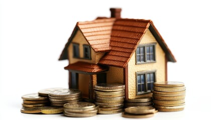 A small house model surrounded by stacks of coins on a white background