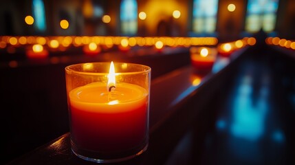 Warm candles illuminate a peaceful church during evening prayers, creating a serene atmosphere