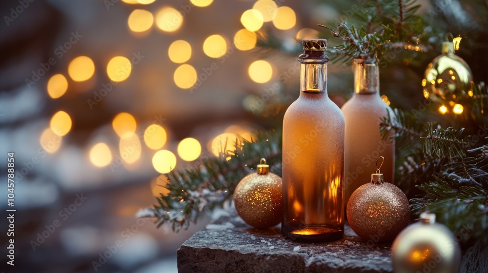Poster Two amber bottles of liquor sit on a stone surface next to a branch of a Christmas tree. The bottles are lit from behind, creating a warm glow.