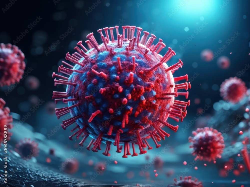 Poster a detailed visualization of a virus, showcasing its structure and components.