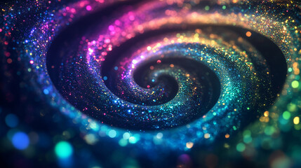 mesmerizing swirl of sparkling particles and glowing lights in a galaxy-like pattern, creating a magical and ethereal atmosphere with soft, dreamy colors.