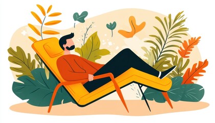 A man relaxing on a yellow chair amidst lush plants in a serene environment