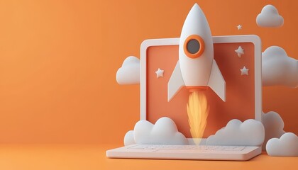 A creative rocket launching from a laptop screen with an orange background