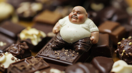 A miniature chubby figure in a white shirt and brown pants comfortably sits amidst an array of chocolates, creating a humorous yet delightful scene of indulgence.