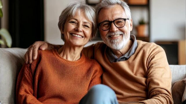 Portrait of attractive aged retired couple resting together at home sitting on sofa laughing looking at camera, enjoy their harmonic relationships lifelong marriage and carefree life of retirement. 4k