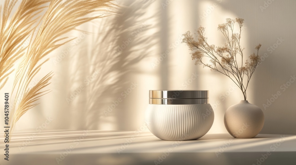 Poster A ceramic jar with a metallic lid and a small vase holding dried flowers rest on a sunlit table. The gentle shadows create a calm atmosphere in a minimalist decor setting with natural light.