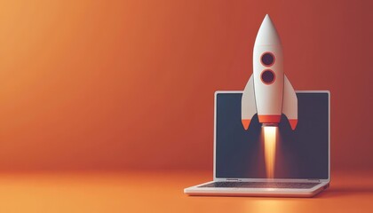 A rocket launching from a laptop screen set against an orange background