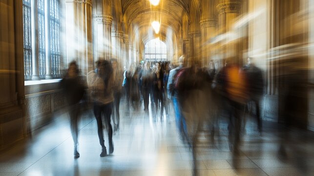 Gathered students in a university hallway, engaged in conversation and collaboration, vibrant atmosphere, dynamic interactions, diverse individuals, academic environment
