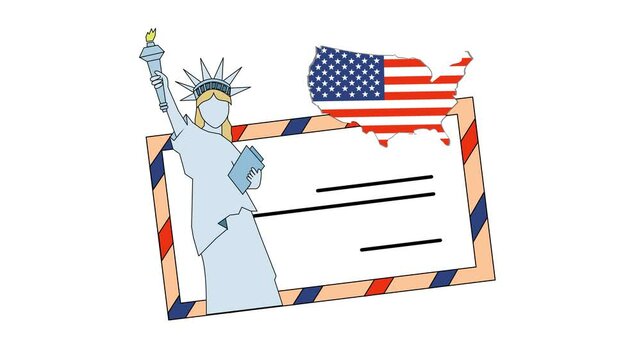 Statue of Liberty holding a clipboard and a map of the United States.  Cartoon Animation. Immigrant Welcome Card. Alpha channel. Seamless looping.