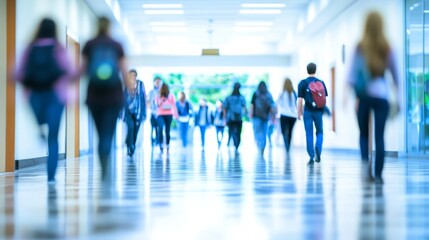 Gathering of university students in a bustling hallway, dynamic atmosphere, engaged conversations, diverse backgrounds, vibrant academic environment, youthful energy, blurred motion