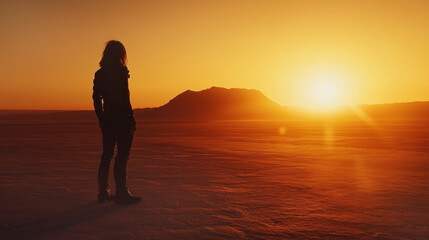 Fototapeta premium Silhouetted figure gazing at desert sunset with distant mountains