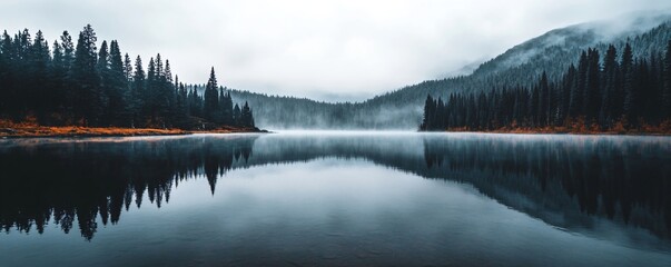 Beautiful lake in misty morning. Mountains, forest and clouds reflected in the calm water surface. Norwegian dark autumn landscape. Nature, ecology, eco tourism. Travel and vacation concept